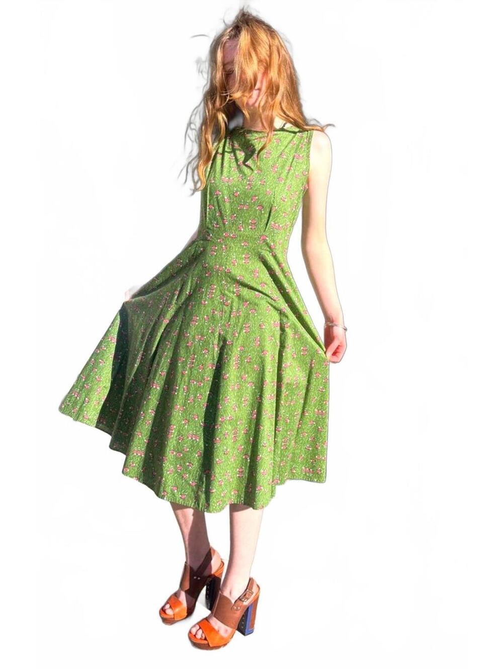 Mid Century Bunnies in the Grass Pattern Sleeveless Aline Midi Day Dress